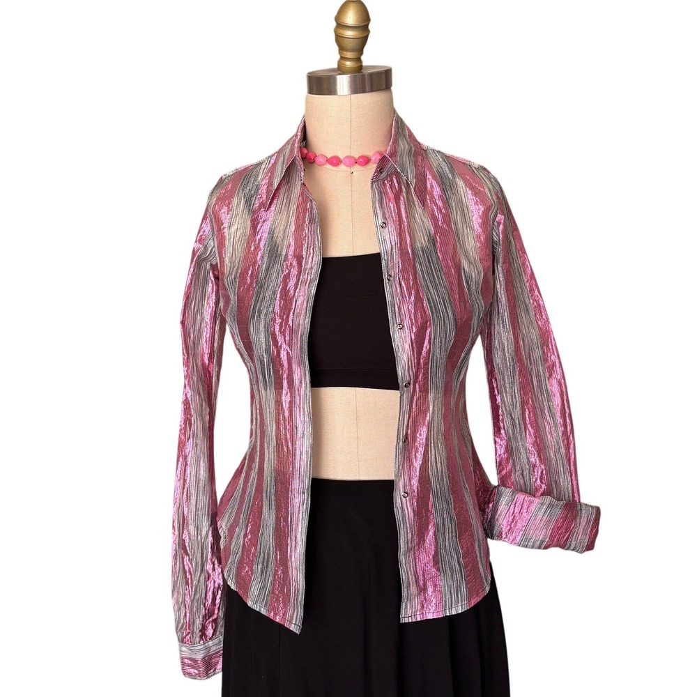 Metallic Striped Y2K Frankie B. Button Down Shirt Small Pink Silver